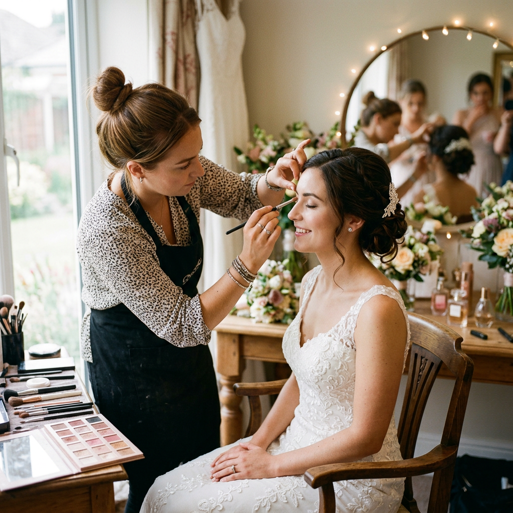 Makeup artist applying eye makeup to a smiling bride in a white lace wedding dress
