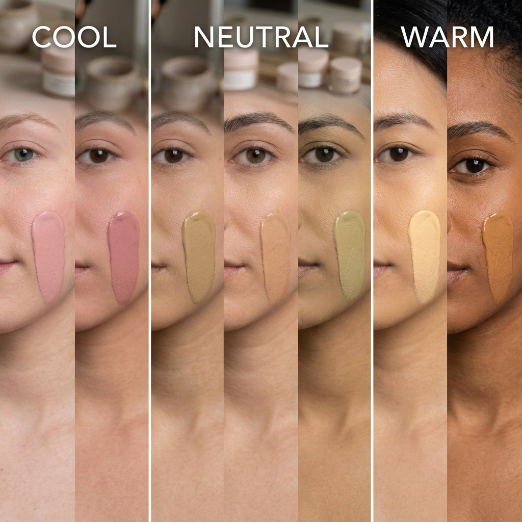 Four foundation shade swatches on forearm labeled Cool Pink (C), Neutral (N), Warm Yellow (W), Olive (O)